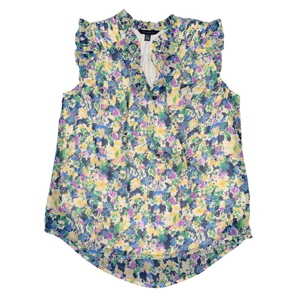 Tamara H Floral Gold Foil Ruffle Tie Front Blouse XS Sleeveless Flowy Smocked